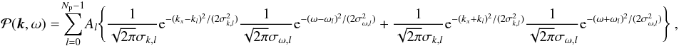 \appendix \setcounter{section}{1} \begin{eqnarray} &&\mathcal{P}(\vec{k},\omega) =\! \sum_{l=0}^{N_{\rm p}-1} \!A_l \Biggl\{ \frac{1}{\sqrt{2\pi} \sigma_{k,l}} {\rm e}^{-(k_x-k_{l})^2/(2\sigma_{k,l}^2)} \frac{1}{\sqrt{2\pi} \sigma_{\omega,l}} {\rm e}^{-(\omega-\omega_l)^2/(2\sigma_{\omega,l}^2) } + \frac{1}{\sqrt{2\pi} \sigma_{k,l}} {\rm e}^{-(k_x+k_l)^2/(2\sigma_{k,l}^2)} \frac{1}{\sqrt{2\pi} \sigma_{\omega,l}} {\rm e}^{-(\omega+\omega_l)^2/(2\sigma_{\omega,l}^2) } \Biggr\} \ , \end{eqnarray}