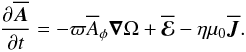 \begin{equation} {\partial\meanAA\over\partial t}= -\varpi\meanA_\phi\nab\Omega+\meanEMF-\eta\mu_0\meanJJ. \label{dmeanA1} \end{equation}