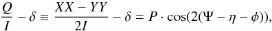 \begin{equation} \frac{Q}{I} - \delta \equiv \frac{XX- YY}{2I} - \delta = P\cdot\cos(2(\Psi - \eta - \phi) ), \end{equation}