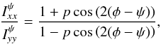 \begin{equation} \frac{I_{xx}^\psi}{I_{yy}^\psi} = \frac{1 + p\cos{\left(2(\phi-\psi)\right)}}{1-p\cos{\left(2(\phi-\psi)\right)}}, \label{RatioEq0} \end{equation}
