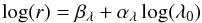 \begin{equation} \log(r) = \beta_\lambda +\alpha_\lambda \log(\lambda_0) \label{eq:wave_dep} \end{equation}