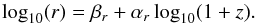\begin{equation} \log_{10}(r) = \beta_r+\alpha_r\log_{10}(1+z). \label{eq:size_evol} \end{equation}
