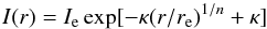 \begin{equation} \centering I (r) = I_{\rm e} \exp[-\kappa(r/r_{\rm e})^{1/n}+\kappa] \label{eq:sersic} \end{equation}