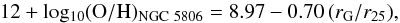 \begin{equation} \label{eq:grad} 12+\mathrm{log_{10}(O/H)_{NGC~5806}}= 8.97-0.70\,(r_{\rm G}/r_{25}), \end{equation}