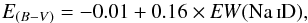 \begin{equation} \label{eq:NaID} E_{(B-V)}=-0.01+0.16\times\mathrm{{\it EW}(\ion{Na}{I} D)}, \end{equation}