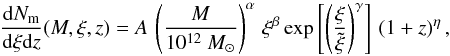\begin{equation} \label{Eq.MR} \frac{{\rm d}N_{\rm m}}{{\rm d}\xi {\rm d}z} (M,\xi,z)=A\,\left(\frac{M}{10^{12}~M_{\odot}}\right)^{\alpha}\,\xi^{\beta}\exp\left[\left(\frac{\xi}{\tilde{\xi}}\right)^\gamma \right]\,(1+z)^\eta \,, \end{equation}