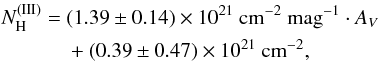 \begin{eqnarray*} N_{\rm H}^{(\mathrm{III})} &=\ &(1.39 \pm 0.14) \times 10^{21}~{\rm cm}^{-2}~{\rm mag}^{-1} \cdot A_V \\ &&+ (0.39 \pm 0.47) \times 10^{21}~{\rm cm}^{-2}, \end{eqnarray*}
