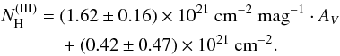 \begin{eqnarray*} N_{\rm H}^{(\mathrm{III})} &=\ &(1.62 \pm 0.16) \times 10^{21}~{\rm cm}^{-2}~{\rm mag}^{-1} \cdot A_V \\ &&+ (0.42 \pm 0.47) \times 10^{21}~{\rm cm}^{-2}. \end{eqnarray*}