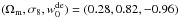 \hbox{$(\OmegaM, \sigEig, \wZero)=(0.28, 0.82, -0.96)$}