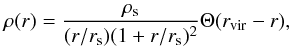 \begin{eqnarray} \label{for:NFW_profiles} \rho(r) = \frac{\rho_\rms}{(r/r_\rms) (1+r/r_\rms)^2}\Theta(r_\vir-r), \end{eqnarray}