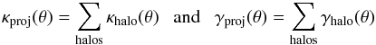 \begin{eqnarray} \kappa_\proj(\theta) = \sum_{\halo\rms} \kappa_\halo(\theta)\ \ \ \text{and}\ \ \ \gamma_\proj(\theta) = \sum_{\halo\rms} \gamma_\halo(\theta) \label{for:kappa_proj} \end{eqnarray}