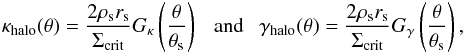 \begin{eqnarray} \kappa_\halo(\theta) = \frac{2\rho_\rms r_\rms}{\Sigma_\crit} G_\kappa\left(\frac{\theta}{\theta_\rms}\right)\ \ \ \text{and}\ \ \ \gamma_\halo(\theta) = \frac{2\rho_\rms r_\rms}{\Sigma_\crit} G_\gamma\left(\frac{\theta}{\theta_\rms}\right), \label{for:kappa_halo} \end{eqnarray}