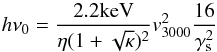 \begin{equation} h\nu_0 = \frac{2.2 {\rm keV}}{\eta(1+\sqrt{\kappa})^2} v_{3000}^2 \frac{16}{\gamma_{\rm s}^{2}} \label{eq:hnu} \end{equation}