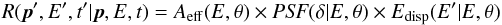 \begin{equation} R(\vec{p}', E', t' | \vec{p}, E, t) = A_\mathrm{eff}(E, \theta) \times \mathrm{\it PSF}(\delta | E, \theta) \times E_\mathrm{disp}(E' | E, \theta) \end{equation}