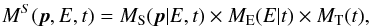 \begin{equation} M^S(\vec{p}, E, t) = M_\mathrm{S}(\vec{p} | E, t) \times M_\mathrm{E}(E | t) \times M_\mathrm{T}(t), \label{eq:celmodel} \end{equation}