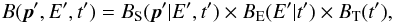 \begin{equation} B(\vec{p}', E', t') = B_\mathrm{S}(\vec{p}' | E', t') \times B_\mathrm{E}(E' | t') \times B_\mathrm{T}(t'), \label{eq:ctamodels} \end{equation}