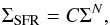\begin{equation} \Sigma_{\rm SFR}=C\Sigma^N,\label{Kennicutt} \end{equation}