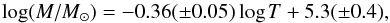 \begin{equation} \log(M/M_\odot) = -0.36(\pm0.05)\log T + 5.3(\pm0.4) , \end{equation}
