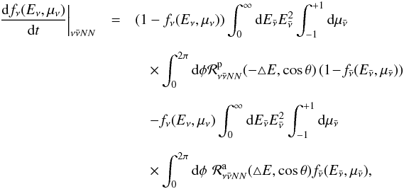 \begin{eqnarray} \label{eq:boltz} \left.\frac{{\rm d}f_\nu(E_\nu,\mu_\nu)}{{\rm d}t}\right\vert_{\nu\bar\nu NN} &=& \left(1-f_\nu(E_\nu,\mu_\nu)\right) \int_0^\infty {\rm d}E_{\bar\nu} E_{\bar\nu}^2 \int_{-1}^{+1} {\rm d}\mu_{\bar\nu} \notag \\[2mm] && \quad \times \int_0^{2\pi} {\rm d}\phi \mathcal{R}_{\nu\bar\nu NN}^\text{p}(-\triangle E,\cos\theta) \left(1 \!- \!f_{\bar\nu}(E_{\bar\nu},\mu_{\bar\nu})\right) \nonumber \\[2mm] && \quad - f_\nu(E_\nu,\mu_\nu) \int_0^\infty {\rm d}E_{\bar\nu} E_{\bar\nu}^2 \int_{-1}^{+1} {\rm d}\mu_{\bar\nu} \notag \\[2mm] && \quad \times \int_0^{2\pi} {\rm d}\phi \,\,\mathcal{R}_{\nu\bar\nu NN}^\text{a}(\triangle E,\cos\theta) f_{\bar\nu}(E_{\bar\nu},\mu_{\bar\nu}), \end{eqnarray}