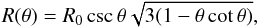 \begin{equation} \label{eq:bowmodel} R(\theta) = R_{0}\csc\theta\sqrt{3(1 - \theta\cot\theta)}, \end{equation}