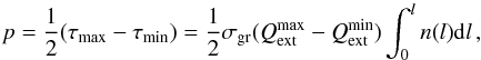 \begin{equation} p=\frac{1}{2}(\tau_{\rm{max}}-\tau_{\rm{min}})=\frac{1}{2} \sigma_{\rm{gr}}(Q_{\rm{ext}}^{\rm{max}}-Q_{\rm{ext}}^{\rm{min}})\int_{0}^{l} n(l) \mathrm{d}l\,, \label{eq_dichroic_extinction} \end{equation}
