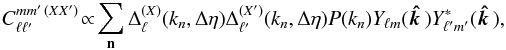 \begin{eqnarray} \label{topocorrX} C_{\ell \ell'}^{m m' \, (XX')} \!\propto\! \sum_{\bf n} \Delta_{\ell}^{(X)}(k_n, \Delta\eta) \Delta_{\ell'}^{(X')}(k_n, \Delta\eta) P(k_n) Y_{\ell m}({\vec{\hat{k\,}}}) Y_{\ell' m'}^* ({\vec{\hat{k\,}}}) ,\nonumber\\[-3mm] \end{eqnarray}
