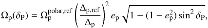 \begin{equation} \OmegaPlanet(\PlanetocentricPlanckLatitude) = \OmegaPlanetPolarRef \left(\frac{\DeltaPlanetRef}{\DeltaPlanet}\right)^2 \PlanetFlattening \sqrt{1-(1-\PlanetFlattening^2)\sin^2\PlanetocentricPlanckLatitude}, \end{equation}