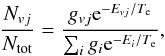 \begin{equation} \frac{N_{vj}}{N_{\rm tot}}=\frac{ g_{vj} {\rm e}^{-E_{vj}/T_{\rm e}} }{ \sum_{i} g_{i} {\rm e}^{-E_{i}/T_{\rm e}} } \label{Boltzmann} , \end{equation}