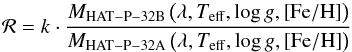 \appendix \setcounter{section}{1} \begin{equation} \mathcal{R}=k\cdot \frac{M_{\mathrm{HAT-P-32B}}\left(\lambda,T_\mathrm{eff},\log g, \left[\mathrm{Fe/H}\right]\right)}{M_{\mathrm{HAT-P-32A}}\left(\lambda,T_\mathrm{eff},\log g, \left[\mathrm{Fe/H}\right]\right)} \label{eq:pspecmodel} \end{equation}