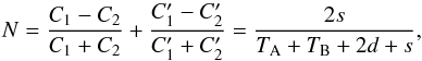 \begin{equation} N = \frac{C_1-C_2}{C_1+C_2} + \frac{C'_1-C'_2}{C'_1+C'_2}= \frac{2s}{T_{\rm A}+T_{\rm B}+2d+s}, \end{equation}