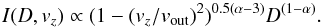 \begin{equation} I (D,v_z) \propto (1-(v_z/v_\mathrm{out})^2)^{0.5(\alpha-3)}D^{(1-\alpha)}. \end{equation}