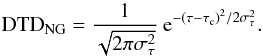\begin{equation} \label{eqn:ngDTD} \textnormal{DTD}_{\textnormal{NG}} = \frac{1}{\sqrt{2\pi\sigma_{\tau}^{2}}}\:{\rm e}^{-\left( \tau-\tau_{\rm c}\right) ^{2}/2\sigma_{\tau}^{2}}. \end{equation}