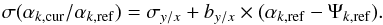 \begin{equation} \sigma(\alpha_{k,{\rm cur}}/\alpha_{k,{\rm ref}}) = \sigma_{y/x} + b_{y/x} \times (\alpha_{k,{\rm ref}} - \Psi_{k,{\rm ref}}). \label{eq:14} \end{equation}
