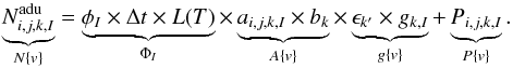 \begin{equation} \underbrace{N^{\rm adu}_{i,j,k,I}}_{N\{v\}} = \underbrace{\phi_I \times \Delta t \times L(T)}_{\Phi_I} \times \underbrace{a_{i,j,k,I} \times b_k}_{A\{v\}} \times \underbrace{\epsilon_ {k'} \times g_{k,I}}_{g\{v\}} + \underbrace{P_ {i,j,k,I}}_{P\{v\}}. \label{eq:2} \end{equation}