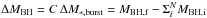 \hbox{$\Delta M_{\rm BH}=C\,\Delta M_{*,{\rm burst}}=M_{{\rm BH},{\rm f}}-\Sigma_i^N M_{{\rm BH},{\rm i}}$}