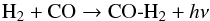 \begin{equation} \mathrm{H}_2 + \mathrm{CO} \rightarrow \mathrm{CO}\text{-}\mathrm{H}_2 + h\nu \end{equation}