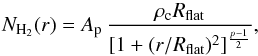 \begin{equation} N_{{\rm H}_2}(r) = A_{\rm p} \, \frac{ \rho_{\rm c} R_{\rm flat} } { [1 + (r/R_{\rm flat})^2 ]^\frac{p-1}{2} }, \label{eq:cdprofile} \end{equation}
