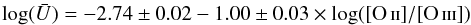 \begin{equation} \label{eq:logUO23a} \log(\bar U) = -2.74\pm 0.02 -1.00\pm 0.03 \times \log(\oii/\oiii) \end{equation}