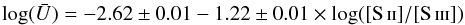 \begin{equation} \label{eq:logUS23}\log(\bar U) = -2.62\pm 0.01 -1.22\pm 0.01 \times \log(\sii/\siii) \end{equation}