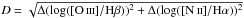 \hbox{$D = \sqrt{\Delta(\log(\oiii/\rm H\beta))^2 + \Delta(\log(\nii/\rm H\alpha))^2}$}