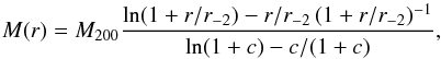 \begin{equation} M(r)=\mtwo \frac{\ln(1+r/\rs)-r/\rs \, (1+r/\rs)^{-1}}{\ln(1+c)-c/(1+c)} , \label{e:nfw} \end{equation}
