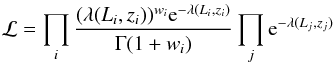 \begin{equation} \mathcal{L} = \prod_i \frac{(\lambda(L_i,z_i))^{w_i} {\rm e}^{-\lambda(L_i,z_i)}}{\Gamma(1+w_i)} \prod_j {\rm e}^{-\lambda(L_j,z_j)} \end{equation}