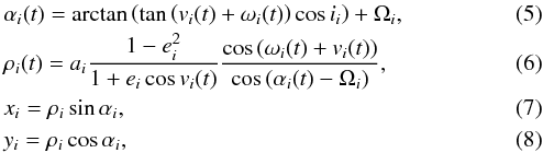 \begin{eqnarray} && \alpha_{i}(t) = \arctan\left(\tan\left(v_{i}(t)+\omega_{i}(t)\right)\cos i_{i}\right)+\Omega_{i}, \label{eqPositionInterferometry01}\\ && \rho_{i}(t) = a_{i}\frac{1-e_{i}^{2}}{1+e_{i}\cos v_{i}(t)}\frac{\cos\left(\omega_{i}(t)+v_{i}(t)\right)}{\cos\left(\alpha_{i}(t)-\Omega_{i}\right)}, \\ && x_{i} = \rho_{i}\sin\alpha_{i}, \\ && y_{i} = \rho_{i}\cos\alpha_{i}, \label{eqPositionInterferometry04} \end{eqnarray}