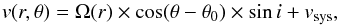 \begin{equation} v(r,\theta) = \Omega(r)\times \cos(\theta - \theta_0)\times \sin i + v_{\rm sys}, \end{equation}