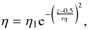 \begin{eqnarray} {\eta}={\eta}_{1}{\rm e}^{-\left({\frac{z-0.5}{{r}_{\eta}}}\right)^{2}}, \label{eq:eta} \end{eqnarray}