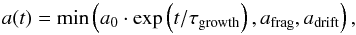 \begin{equation} \label{a1} a(t) = \min\left(a_0\cdot\exp\left(t\slash\tau_{\rm{growth}}\right),a_{\rm frag},a_{\rm drift}\right), \end{equation}