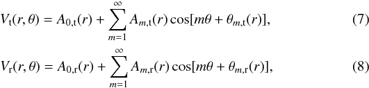 \begin{eqnarray} V_{\rm t}(r,\theta)=A_{0,\rm t}(r) + \sum_{m=1}^{\infty}A_{m,\rm t}(r)\cos[m\theta + \theta_{m,\rm t}(r)], \\ V_{\rm r}(r,\theta)=A_{0,\rm r}(r) + \sum_{m=1}^{\infty}A_{m,\rm r}(r)\cos[m\theta + \theta_{m,\rm r}(r)], \end{eqnarray}