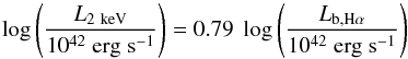 \begin{equation} \log{\left(\frac{L_{2~\kev}}{10^{42}\;\ergsec}\right)}=0.79\; \log{\left(\frac{L_{\rm b, H\alpha}}{10^{42}\;\ergsec}\right)} \label{eq:RCh3_BL_L2LbHa} \end{equation}