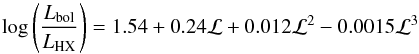 \begin{equation} \centering \log \left(\frac{L_{\rm bol}}{L_{\rm HX}}\right)=1.54+0.24\mathcal{L}+0.012\mathcal{L}^2-0.0015\mathcal{L}^3 \label{eq:Lbol} \end{equation}