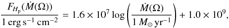 \begin{equation} \label{stjacques} \frac{F\!_{\hp}(\dot M(\Omega))}{1\,\text{erg}\,\text{s}^{-1}\,\text{cm}^{-2}}= 1.6\times10^7 \log\zav{\frac{\dot M(\Omega)}{1\,\msr}}+1.0\times10^9, \end{equation}